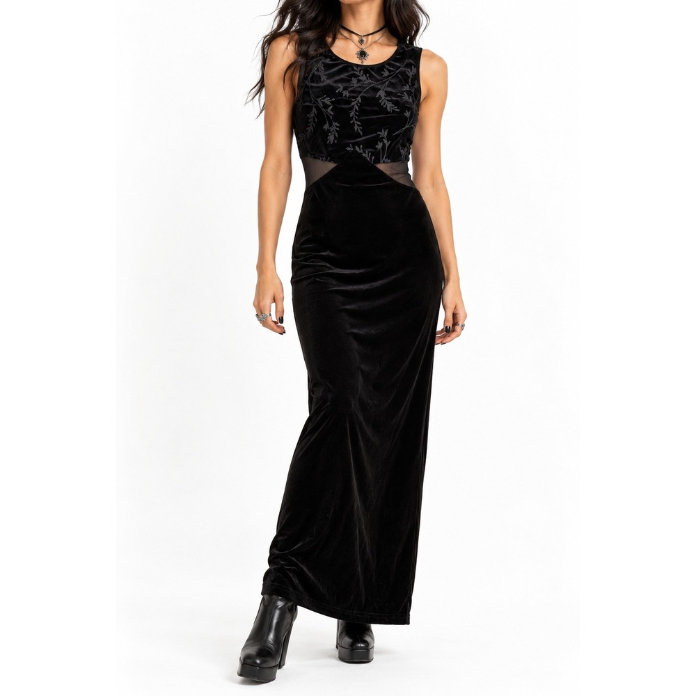 Vintage Velvet Beaded Maxi Dress Mesh Cutout Evening 90s Goth Dark Romantic
